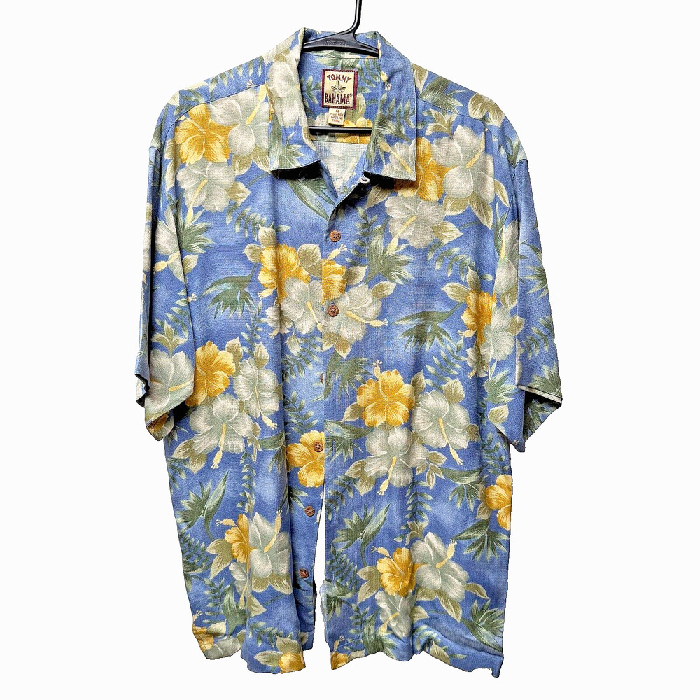 Tommy Bahama Men 100% Silk Shirt Medium Sky Blue with Floral Print